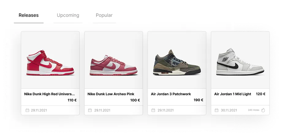 Ausschnitt der Grailify-Website mit Übersicht zu aktuellen, kommenden und beliebten Sneaker-Drops in einer gebündelten Darstellung.