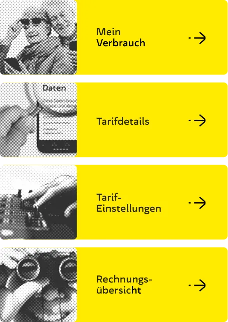 Menü ‚Mein Tarif‘ mit Schnellzugriff auf Verbrauch, Tarifdetails, Tarif-Einstellungen und Rechnungsübersicht.