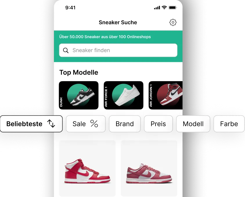 Darstellung der Sneakersuche mit strukturierter Ergebnisliste, Top-Modellen und Filtern für Beliebtheit, Sale, Marke, Preis, Modell und Farbe.