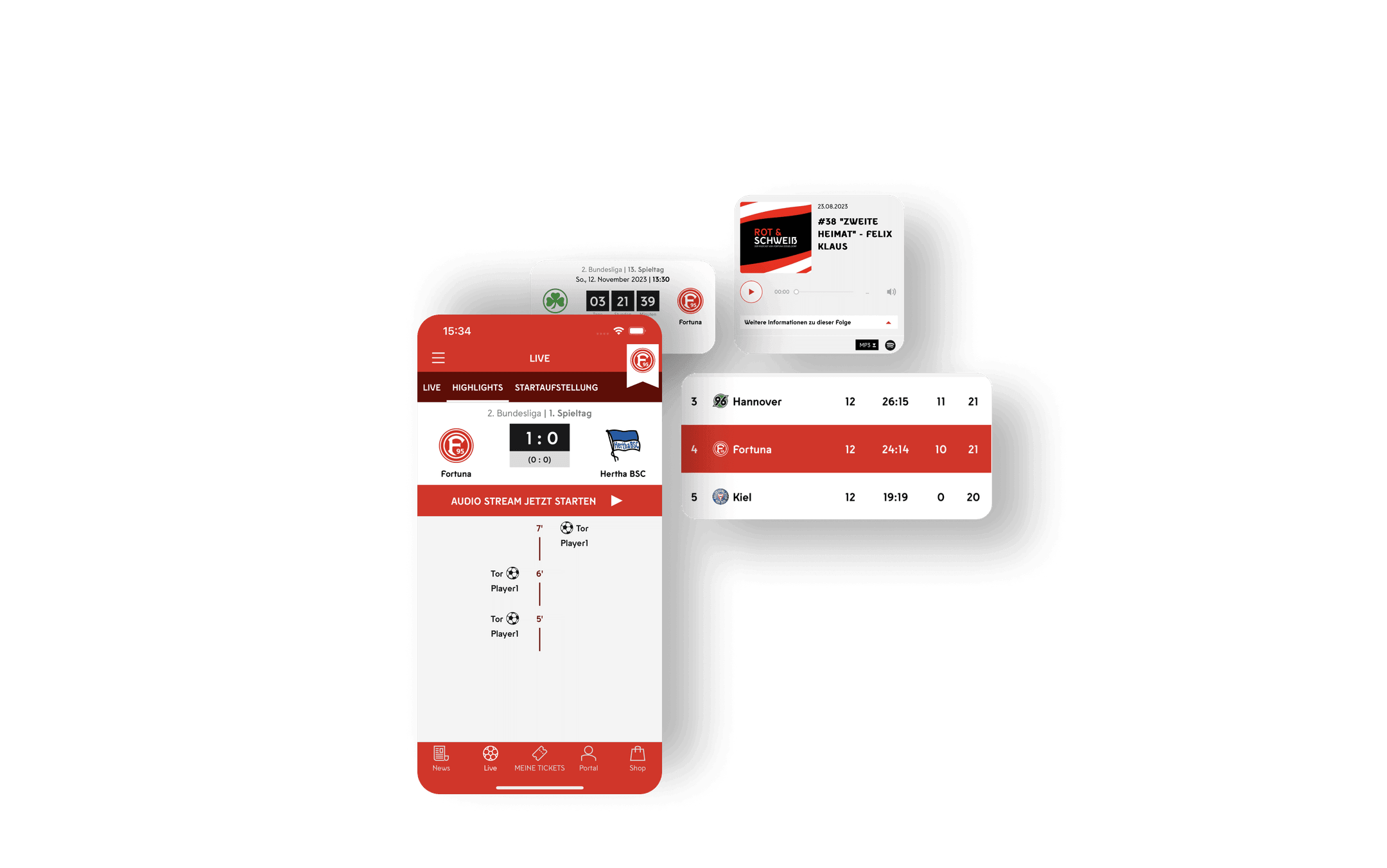 Im nächsten Abschnitt wird der Tab “Live” auf verschiedenen Screens dargestellt, wie der Live Ticker, Spielstand, Startaufstellungen und Audio Stream.
