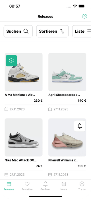 Hier liegt ein Screendesign der Release Page der Grailify-App, das die Sneaker-Release Seite und -Preise darstellt.