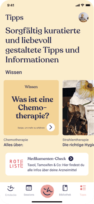 Ein Screendesign der Happie Haus App zeigt die Wissensartikel, Kurse und nützliche Tipps zur Brustkrebsvorsorge und -behandlung darstellt. 