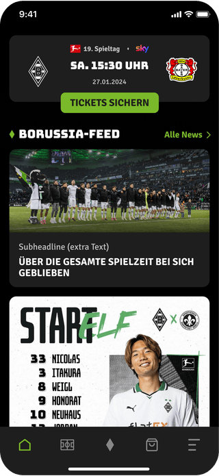 Zu Veranschaulichung der FohlenApp von Borussia Mönchengladbach wird ein Screendesign der Startseite mit Funktionen wie aktuelle News, Live-Ticker, digitale Tickets und Spielstatistiken dargestellt.